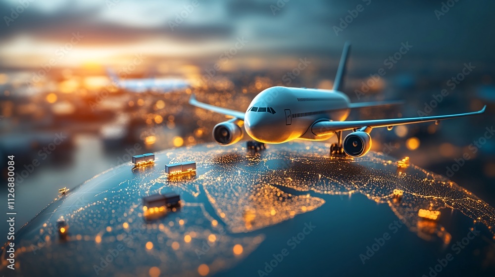 Naklejka premium Global Transportation Network Efficiency - 3D Illustration of Airplanes and Cargo Icons on Glowing Routes Across Continents