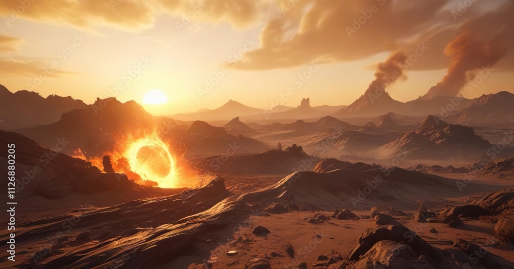 Fototapeta premium A swirling vortex of flames erupts in the distance, engulfing a desolate landscape with intense orange and yellow hues, raging fire, apocalyptic scene, fiery vortex