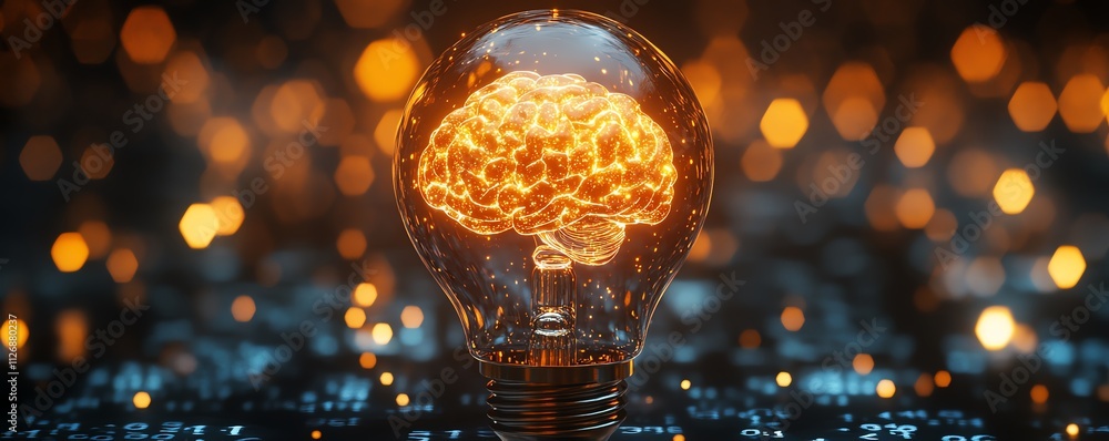 Creative idea concept with glowing yellow human brain inside digital light bulb Creative idea concept with glowing yellow human brain inside digital light bulb