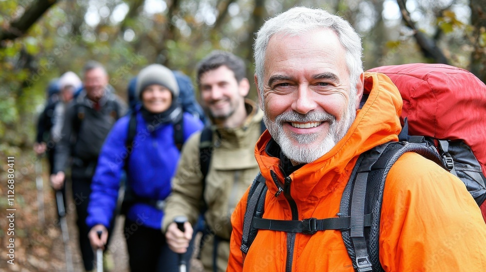 Group of hikers enjoying nature adventure in forest trail outdoor activity smiling faces Group of hikers enjoying nature adventure in forest trail outdoor activity smiling faces