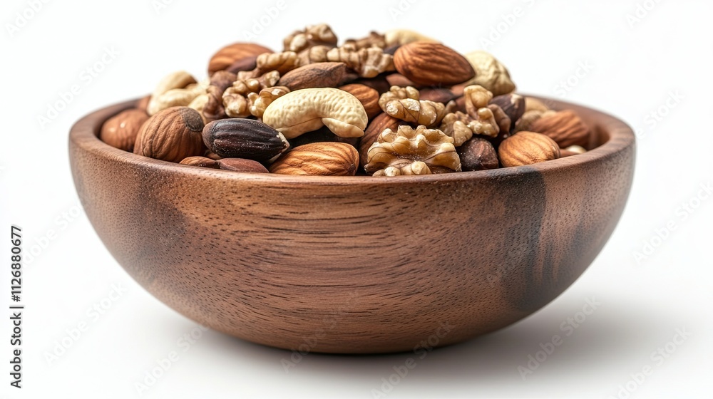 A wooden bowl filled with mixed nuts is isolated against a white backdrop A wooden bowl filled with mixed nuts is isolated against a white backdrop