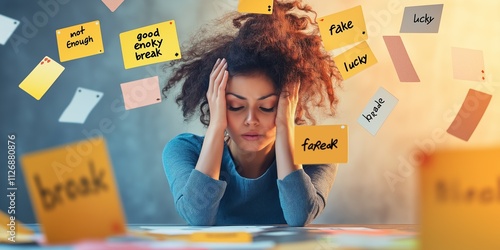 A stressed woman sits at a desk, surrounded by colorful sticky notes with tasks and doubts, representing imposter syndrome and work pressure, home office, selective focus

