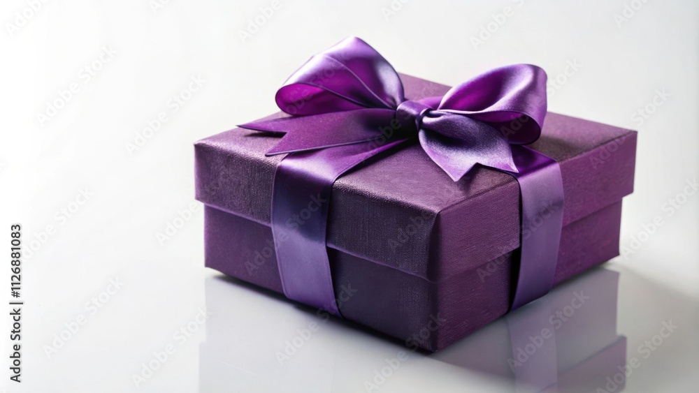 A luxurious purple gift box with a satin ribbon bow, reflecting on a white surface A luxurious purple gift box with a satin ribbon bow, reflecting on a white surface