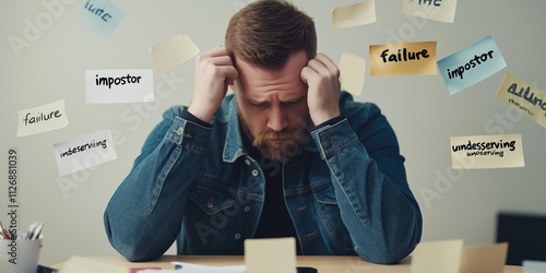 A frustrated man sits at a desk with his head in his hands, surrounded by sticky notes labeled with words like “failure” and “impostor,” symbolizing anxiety and doubt, selective focus

