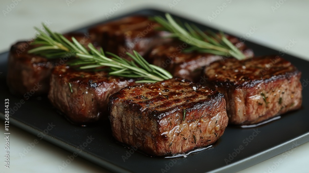 a group of steaks with rosemary a group of steaks with rosemary