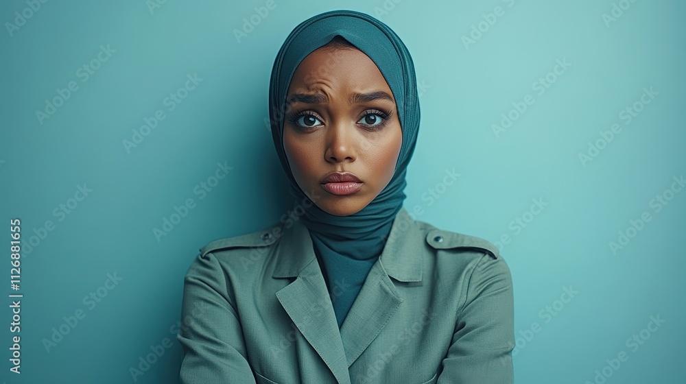 A woman wearing a green scarf and a green jacket is looking at the camera. She has a serious expression on her face A woman wearing a green scarf and a green jacket is looking at the camera. She has a serious expression on her face