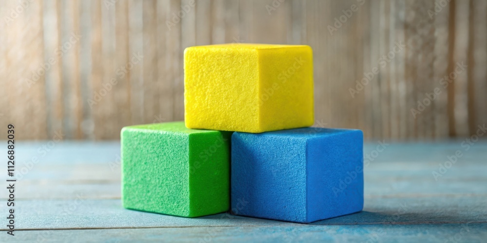 A trio of colorful, textured blocks stacked in a pyramid shape on a blue wooden surface, with a rustic wooden backdrop.