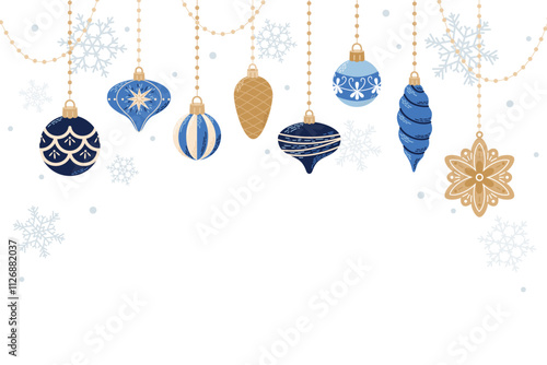 Cute hanging decorations, Christmas template for card and banner. Vector illustration in flat cartoon style