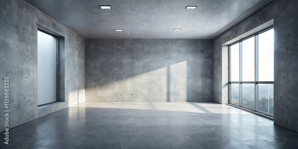 An empty room with large windows, a concrete floor, and exposed beams on the ceiling, showcasing a panoramic view of a landscape beyond the glass An empty room with large windows, a concrete floor, and exposed beams on the ceiling, showcasing a panoramic view of a landscape beyond the glass