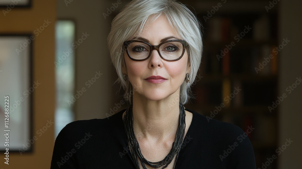 A woman wearing glasses and a black sweater. She is wearing a necklace and has a red lipstick A woman wearing glasses and a black sweater. She is wearing a necklace and has a red lipstick