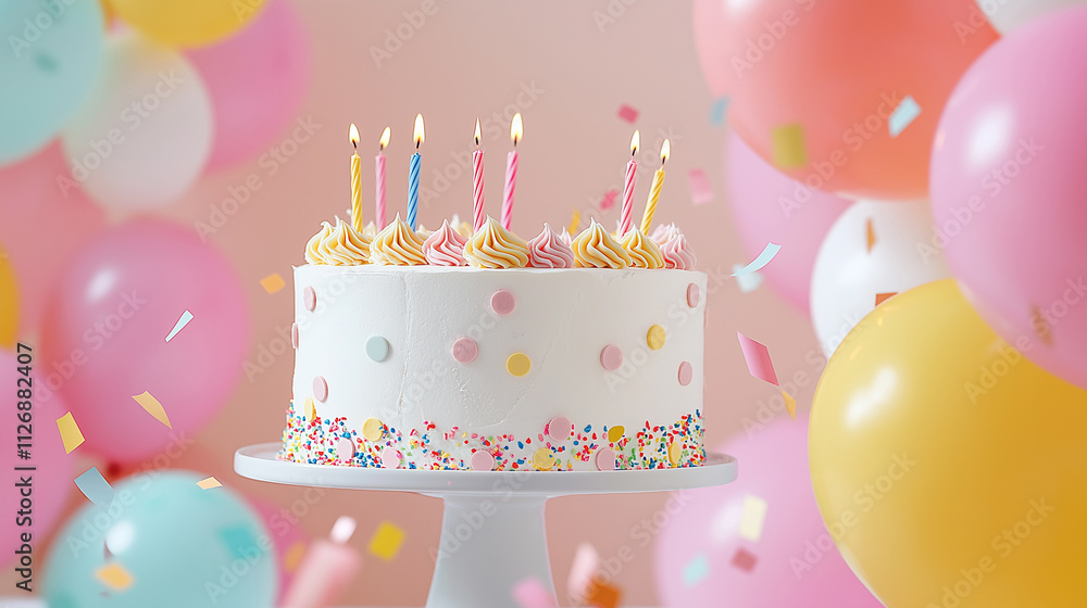 A birthday party featuring a cake and balloons, used as a party bar. A birthday party featuring a cake and balloons, used as a party bar.