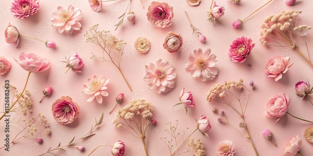 A delicate arrangement of soft pink flowers and dried blossoms on a pastel pink background. A delicate arrangement of soft pink flowers and dried blossoms on a pastel pink background.