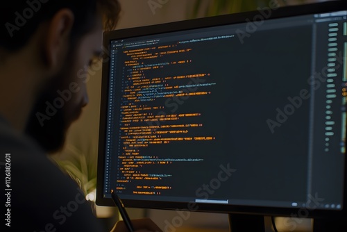 A person coding on a computer screen displaying programming language syntax in a dark setting.