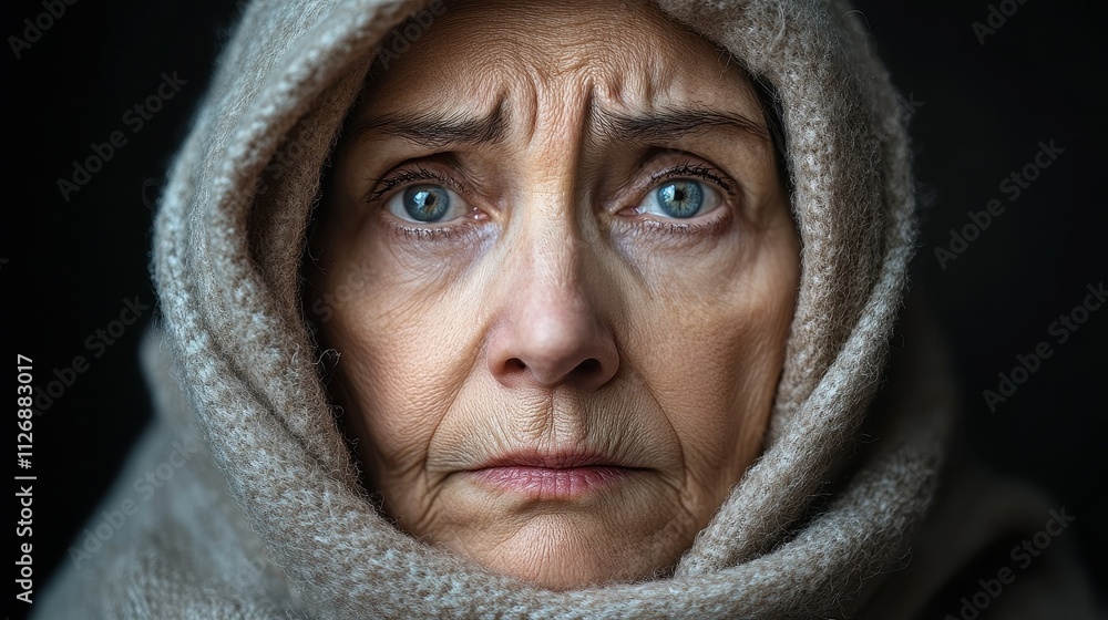 A woman with a scarf covering her face. She has blue eyes and a sad expression. The scarf is white and covers her face almost completely A woman with a scarf covering her face. She has blue eyes and a sad expression. The scarf is white and covers her face almost completely