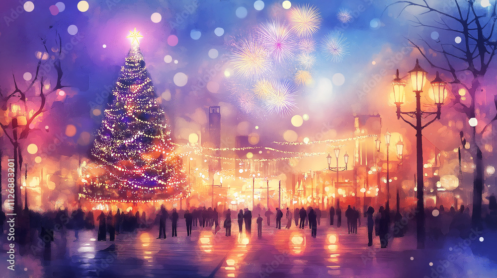 Obraz premium New Year's Celebration with Dazzling Decorations and Fireworks in a Vibrant Square