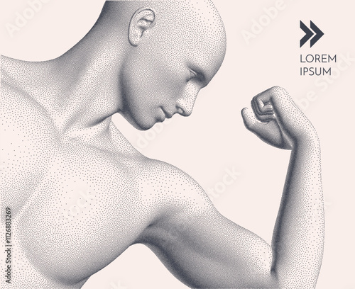 Be strong! Victory and freedom. Strong man. The symbol of sport. Concept of leadership or bodybuilding training. Human body formed from dots. Athlete in steeple style. 3D vector for design.