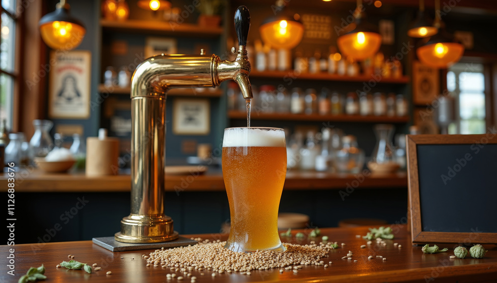 Close-Up of Golden Beer Overflowing from a Brass Tap into a Glass in a Rustic Bar Close-Up of Golden Beer Overflowing from a Brass Tap into a Glass in a Rustic Bar