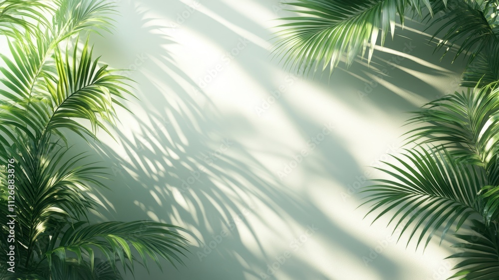 Abstract Lush palm leaves bathed in sunlight, creating a serene tropical scene with beautiful shadows against a plain wall, ideal for summer or nature inspired designs Abstract Lush palm leaves bathed in sunlight, creating a serene tropical scene with beautiful shadows against a plain wall, ideal for summer or nature inspired designs