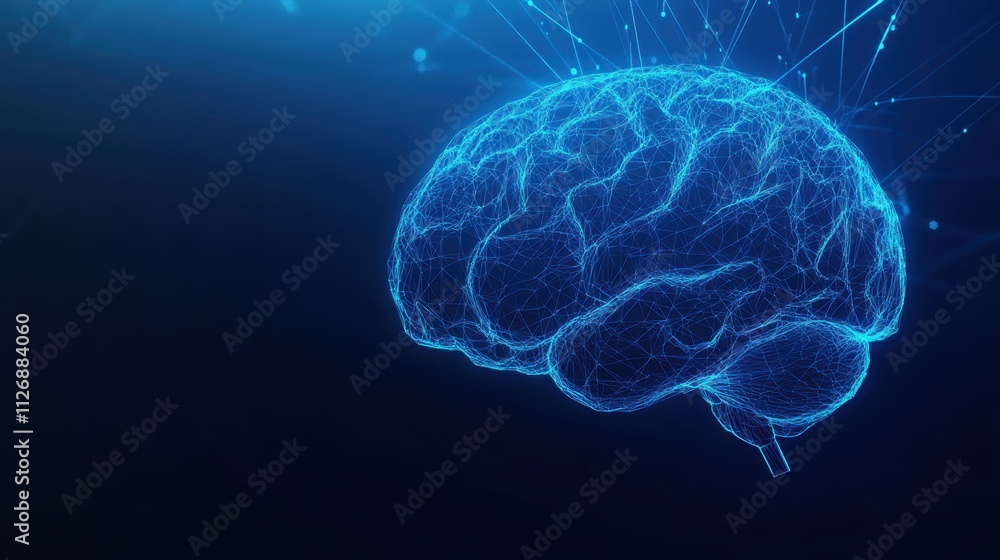 Fototapeta premium Futuristic digital brain hologram with neural network visualization on blue background