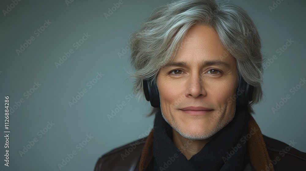 A woman with gray hair and a scarf around her neck is wearing headphones. She is smiling and she is enjoying her music A woman with gray hair and a scarf around her neck is wearing headphones. She is smiling and she is enjoying her music