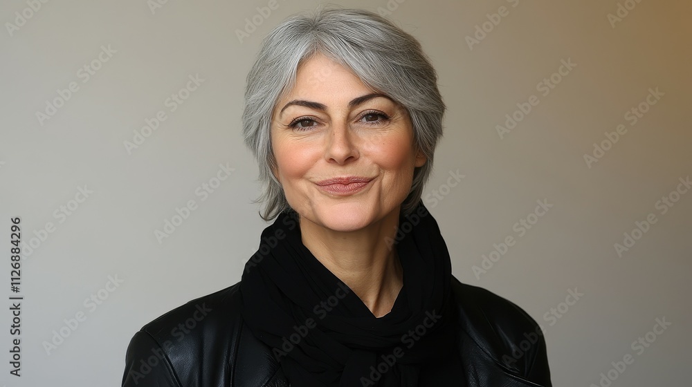 A woman with gray hair is smiling and wearing a black jacket and scarf. She looks happy and content A woman with gray hair is smiling and wearing a black jacket and scarf. She looks happy and content