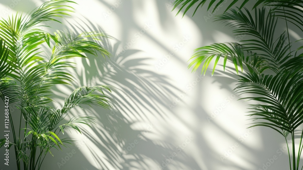 Abstract Lush palm leaves bathed in sunlight, creating a serene tropical scene with beautiful shadows against a plain wall, ideal for summer or nature inspired designs