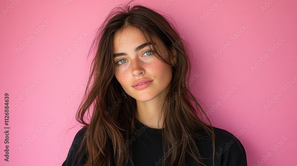 A woman with long brown hair and green eyes is standing in front of a pink wall. She is wearing a black shirt and has a pinkish tint to her face A woman with long brown hair and green eyes is standing in front of a pink wall. She is wearing a black shirt and has a pinkish tint to her face
