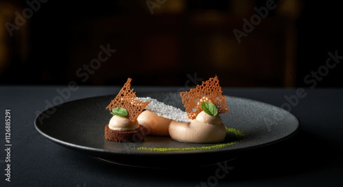 Gourmet dessert on elegant black plate in fine dining