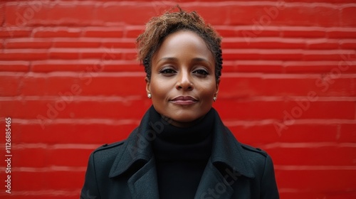 A woman with short hair and dark clothing stands in front of a red brick wall. She is smiling and looking directly at the camera