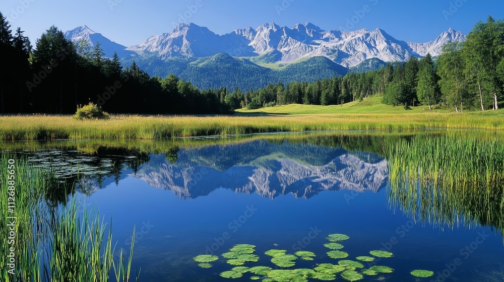 A serene landscape featuring mountains, a calm lake, and lush greenery reflecting in the water. A serene landscape featuring mountains, a calm lake, and lush greenery reflecting in the water.