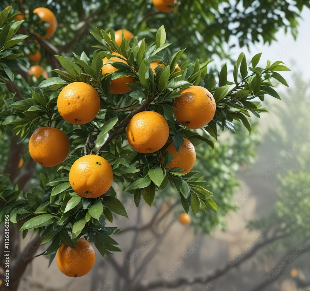 Close-up of an orange tree branch with green leaves and oranges, fresh, leaves Close-up of an orange tree branch with green leaves and oranges, fresh, leaves
