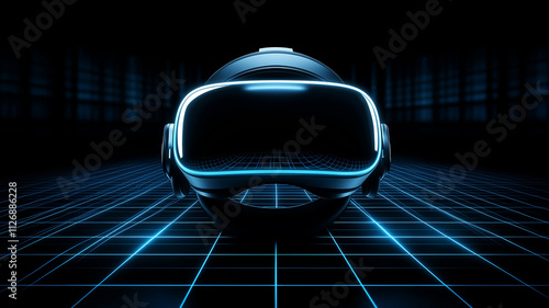VR headset in futuristic environment. Concept of virtual reality, gaming, and technology.