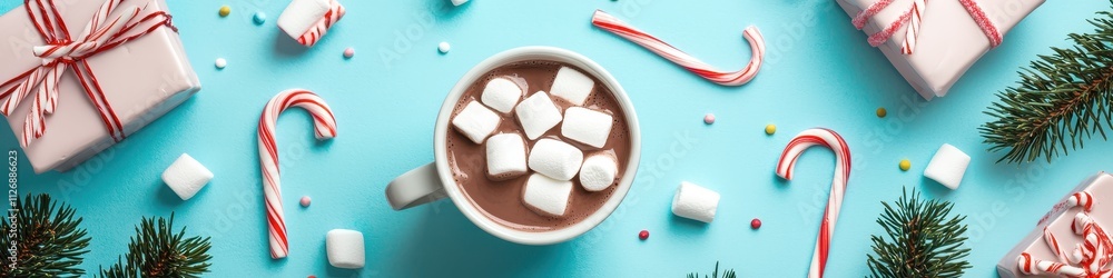 Cozy holiday hot chocolate with candy canes and gifts festive kitchen top view winter vibes Cozy holiday hot chocolate with candy canes and gifts festive kitchen top view winter vibes