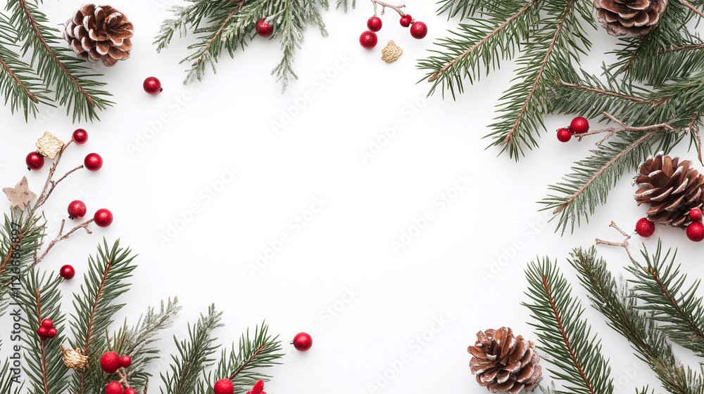 Minimalist Christmas Frame with Evergreen Branches on White Background Minimalist Christmas Frame with Evergreen Branches on White Background