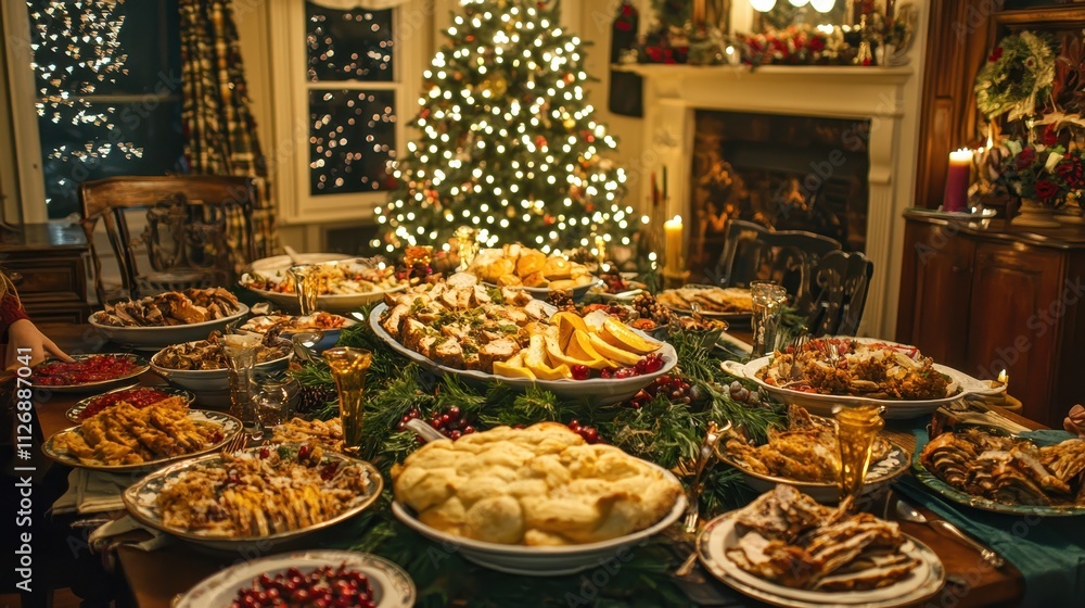 Fototapeta premium Family Hosting New Years Potluck Dinner