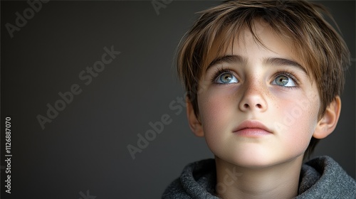 A young boy with brown hair and blue eyes is looking up at the camera. He has a slight smudge on his nose and a few freckles on his face. The boy is wearing a gray hoodie