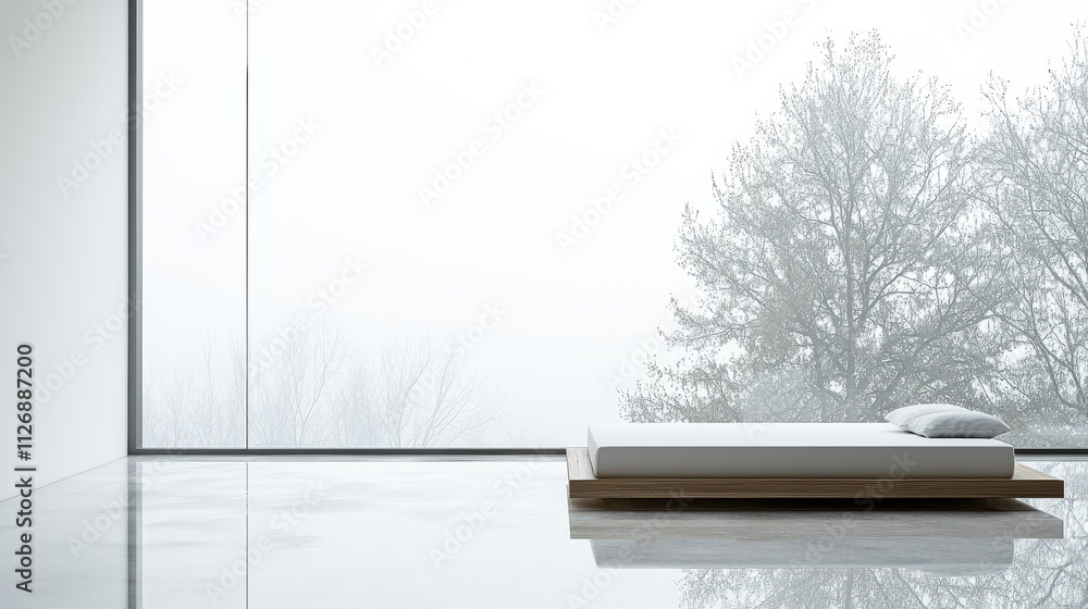 Minimalist bedroom design with large window overlooking foggy nature scene modern aesthetic