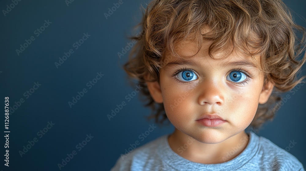A young child with blue eyes and brown hair is staring at the camera. The child is wearing a gray shirt and has a blue shirt on underneath A young child with blue eyes and brown hair is staring at the camera. The child is wearing a gray shirt and has a blue shirt on underneath