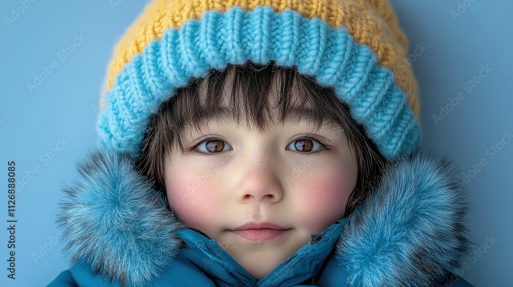 A young girl wearing a blue and yellow hat and a blue coat. She has a pinkish face and is smiling A young girl wearing a blue and yellow hat and a blue coat. She has a pinkish face and is smiling