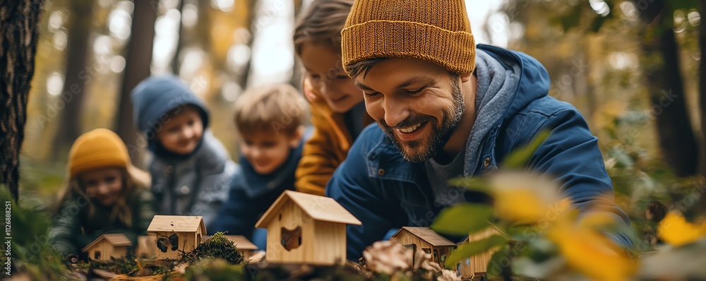 Obraz premium An inspiring scene of children and adults working together to build birdhouses in a forest, embodying community cooperation and environmental care