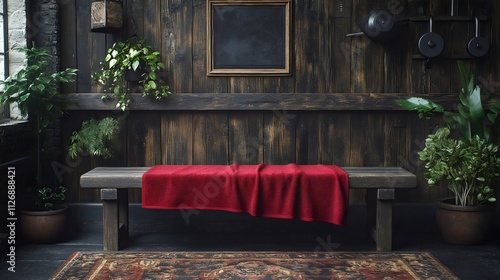 A bench with a red blanket on it sits in front of a wooden wall photo