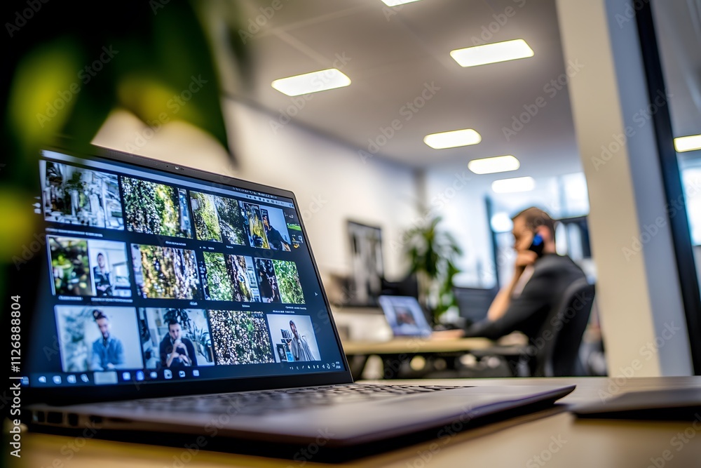 A modern office scene featuring a laptop displaying photo thumbnails and a person on a call. A modern office scene featuring a laptop displaying photo thumbnails and a person on a call.