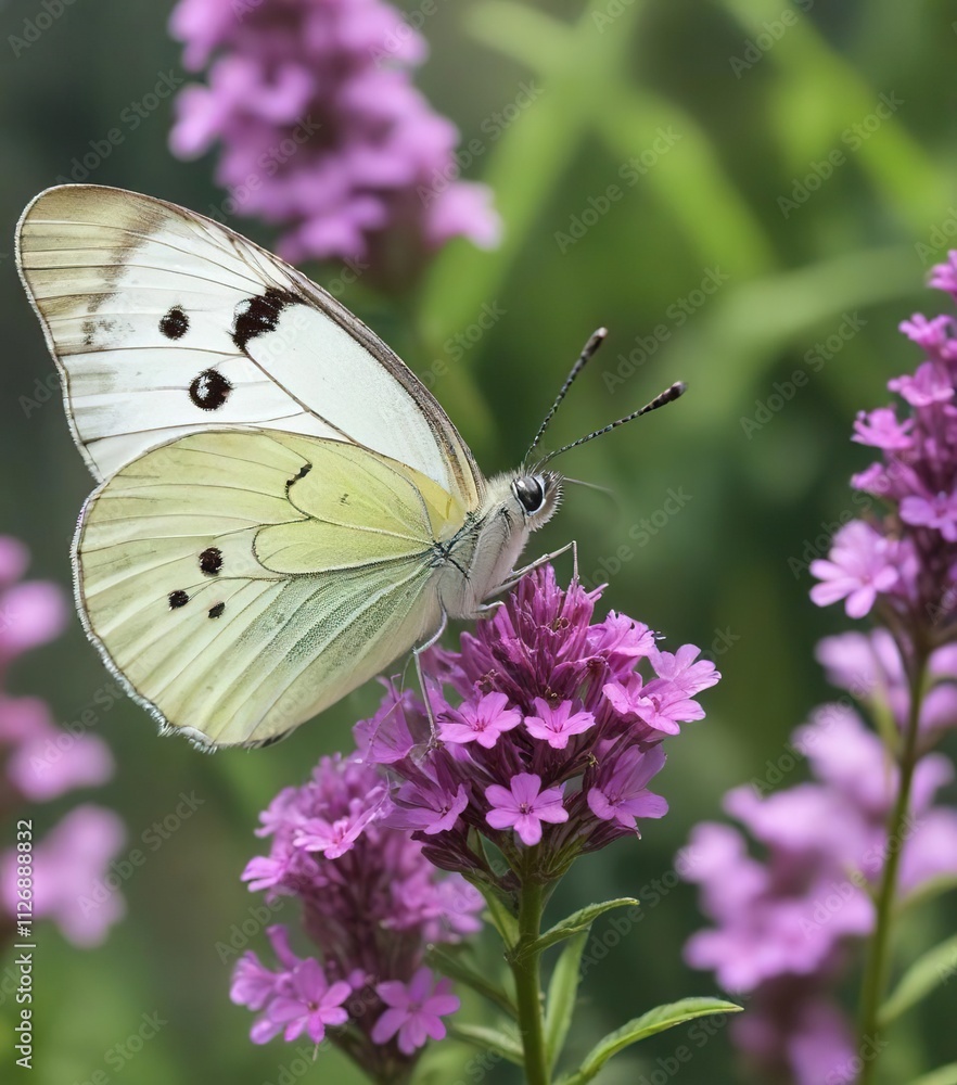 Close-up of a white butterfly perched on a vibrant purple vervain flower, botanical, wings Close-up of a white butterfly perched on a vibrant purple vervain flower, botanical, wings