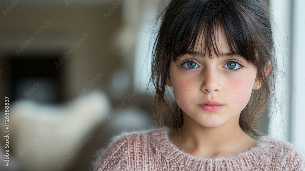 A young girl with blue eyes and brown hair is sitting in front of a window. She is wearing a pink sweater and has a slight blush on her cheeks. The room has a cozy and warm atmosphere, with a couch A young girl with blue eyes and brown hair is sitting in front of a window. She is wearing a pink sweater and has a slight blush on her cheeks. The room has a cozy and warm atmosphere, with a couch