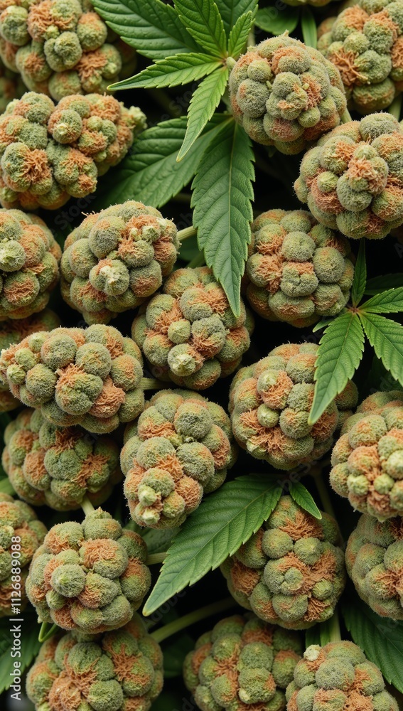 Fototapeta premium Collection of isolated cannabis budsflowers with separate marijuana leaves against a clear background