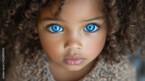 A young girl with brown hair and blue eyes. She is wearing a brown sweater. The girl has a very cute and innocent look on her face