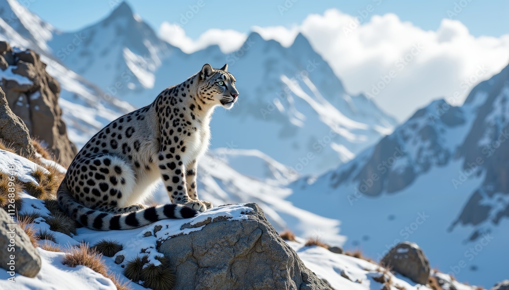 Fototapeta premium Majestic Male Snow Leopard Overlooking Snow-Covered Mountains