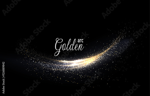 Isolated golden tinsel arc on black background, design component.