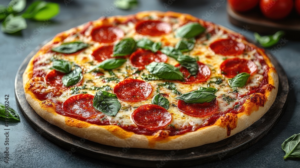 a pepperoni pizza with basil leaves a pepperoni pizza with basil leaves