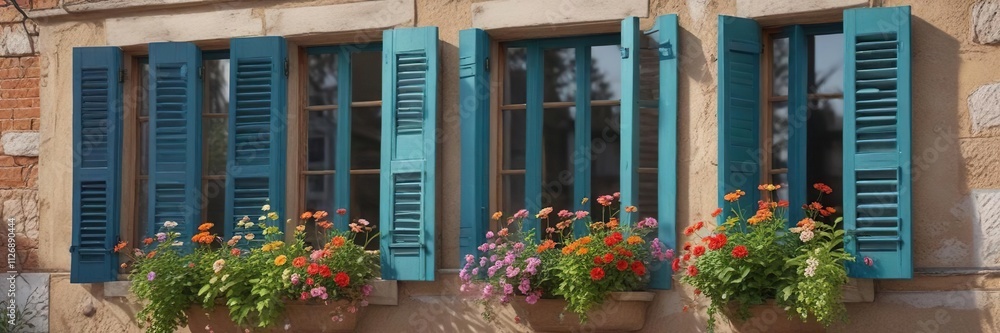Close-up of charming window with colorful shutters and blooming flowers, countryside, floral Close-up of charming window with colorful shutters and blooming flowers, countryside, floral